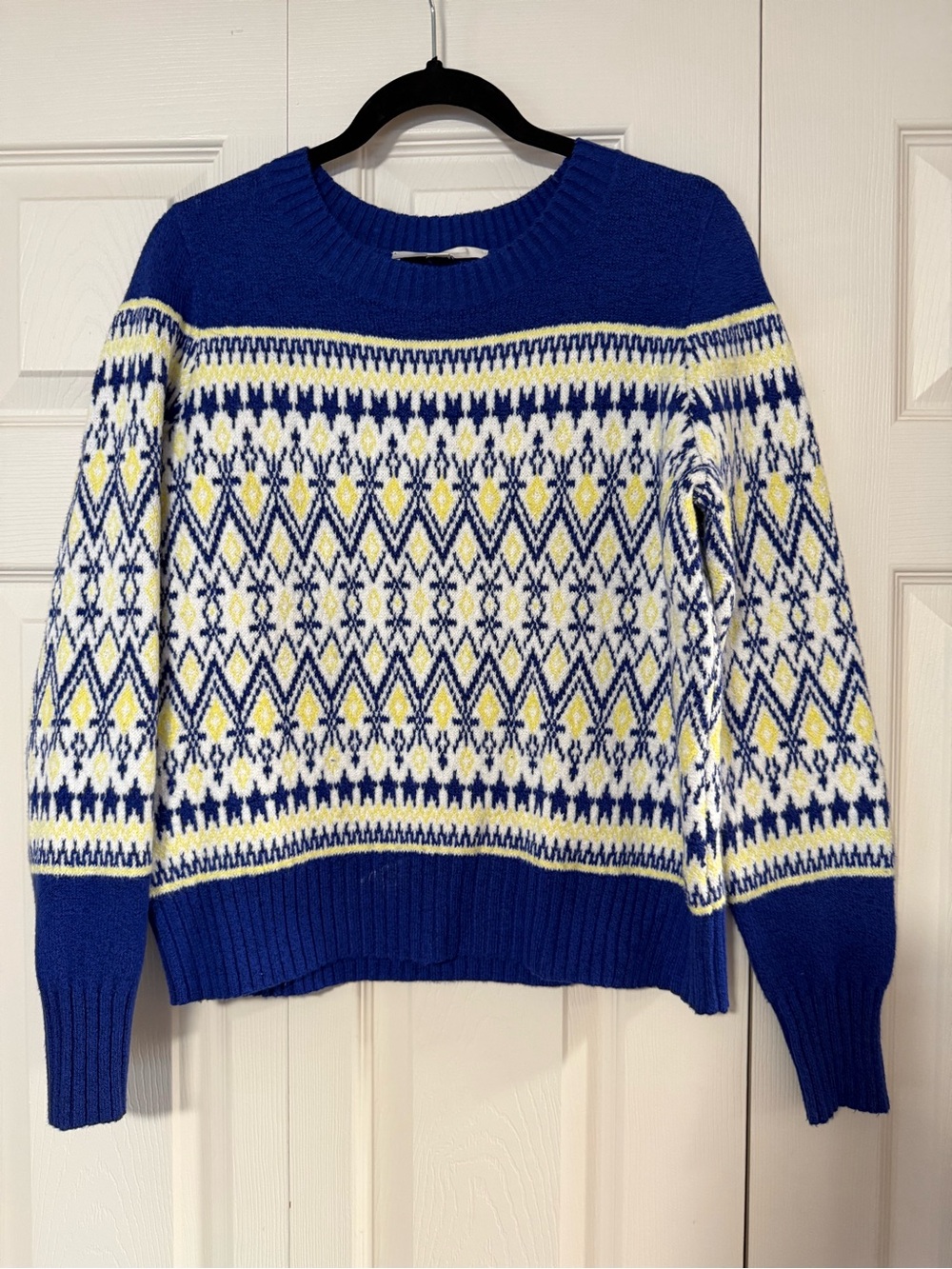 LOFT Blue, White & Yellow Fair Isle Crew Sweater